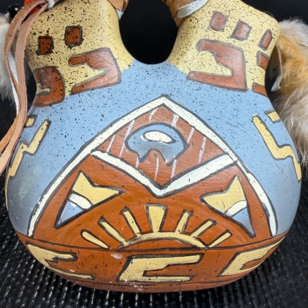 Southwestern Wedding Vase Hand Painted Buffalo Sun Pottery Feather Leather 4inch